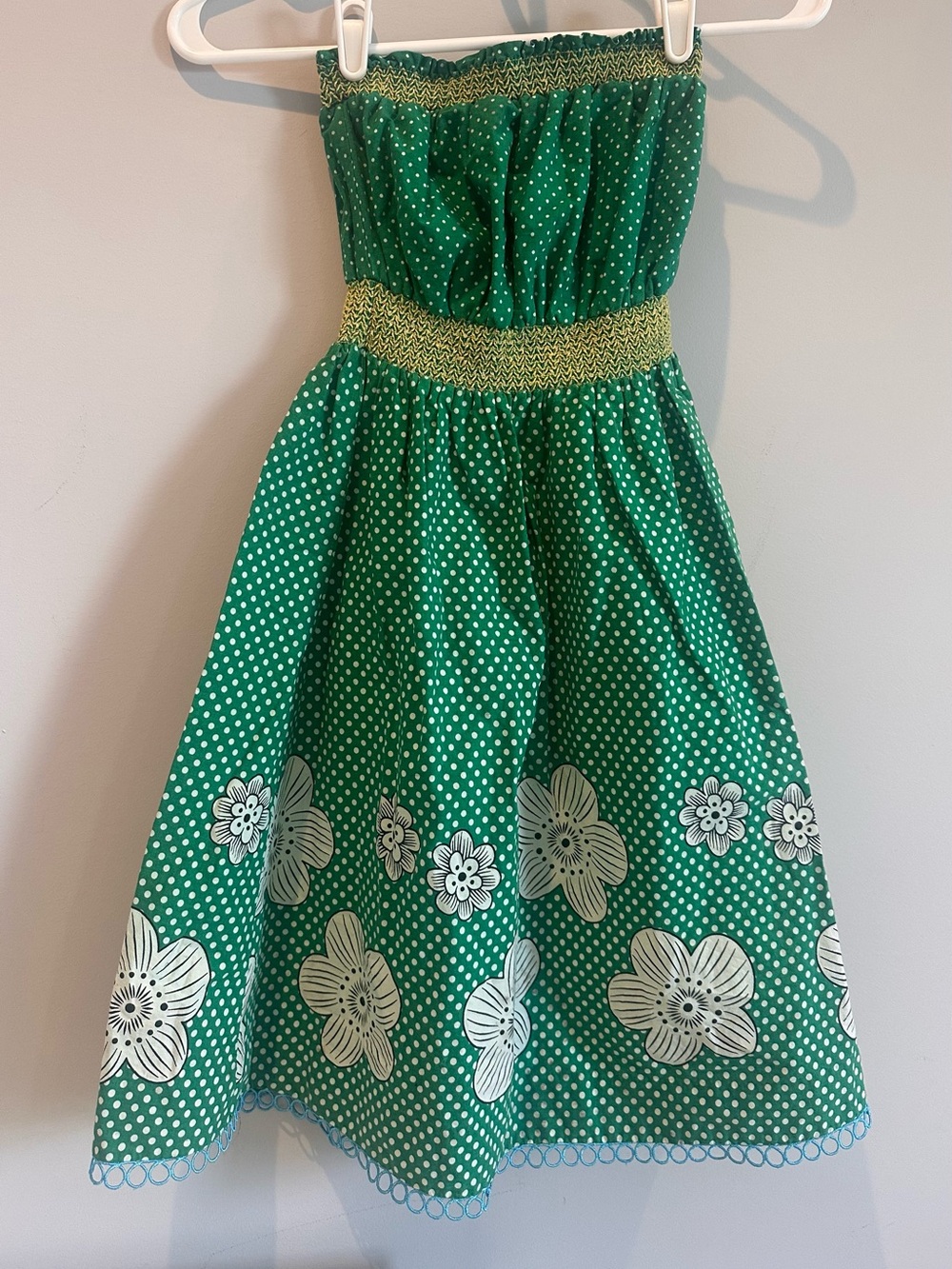Green Polka Dot Floral Strapless Dress, Size S